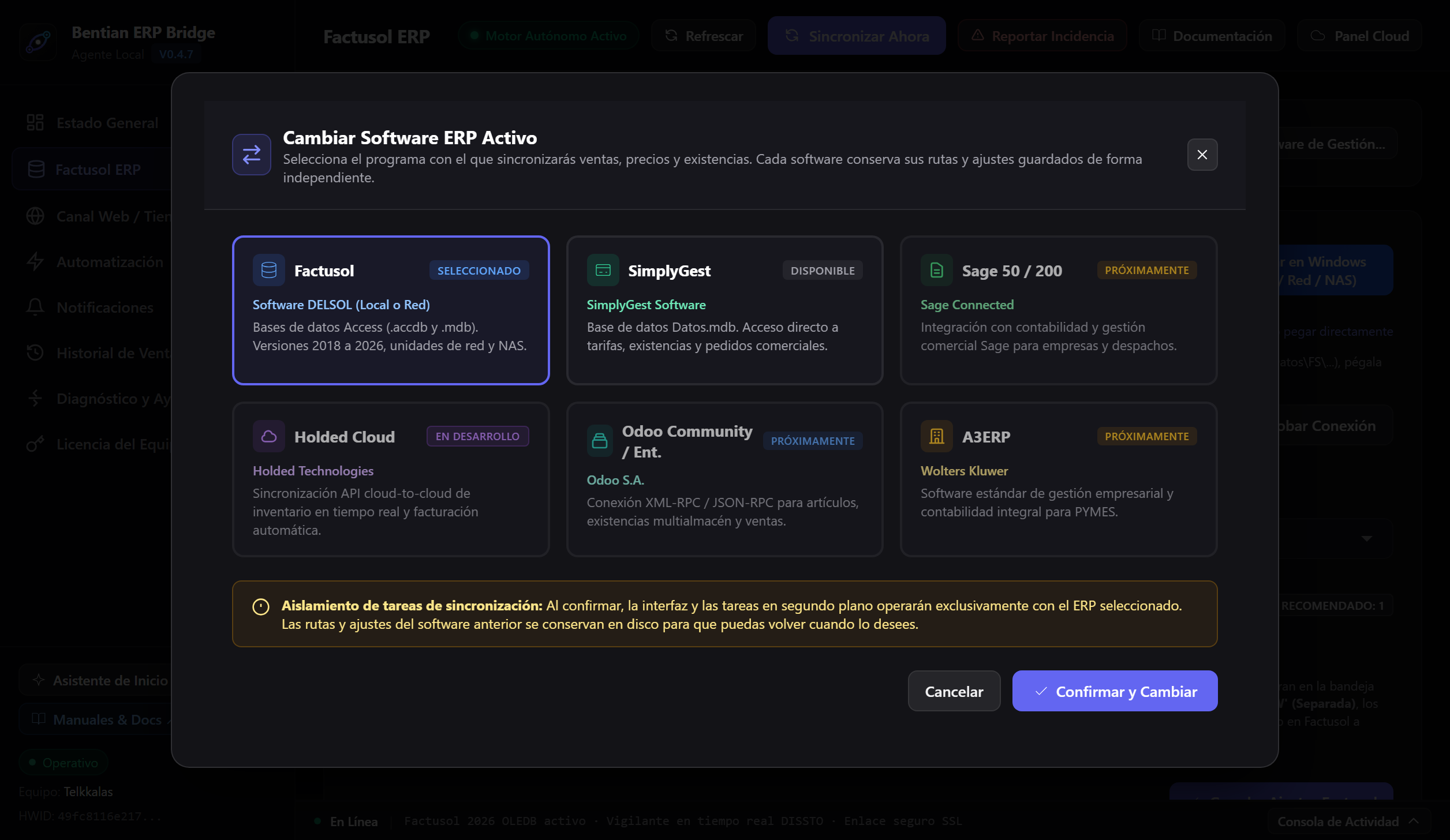 Conmutador Multi-ERP en Bentian ERP Bridge: Factusol, SimplyGest, Sage 50, Holded, Odoo y A3ERP